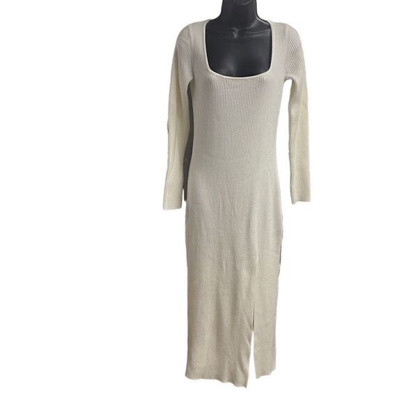 Women’s Ribbed Knit Sweater Dress Bodycon Maxi Square Neckline White Slit NWOT - Picture 1 of 9